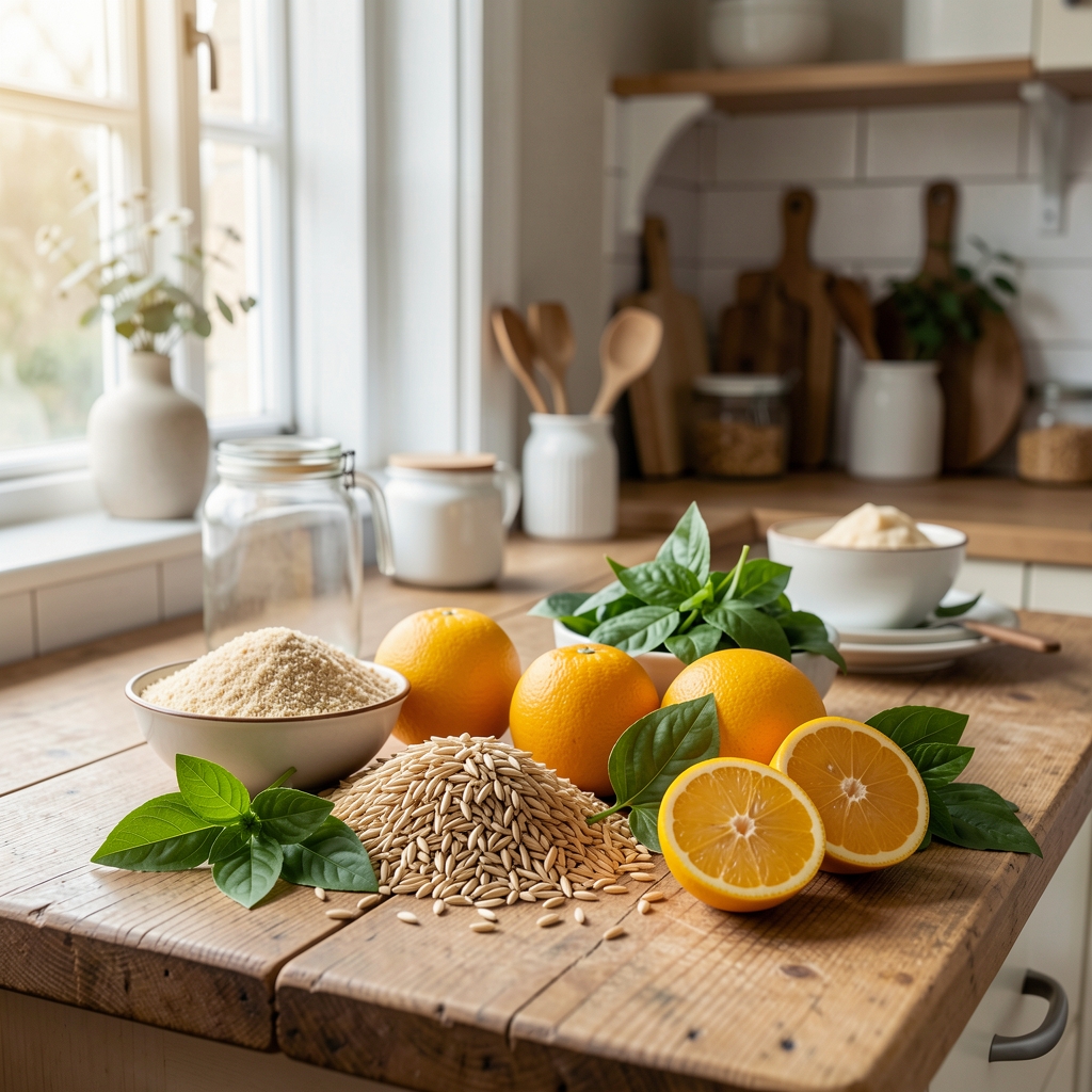 Farverige råvarer, havre, citrus og grønne blade arrangeret på en nordisk køkkenbænk