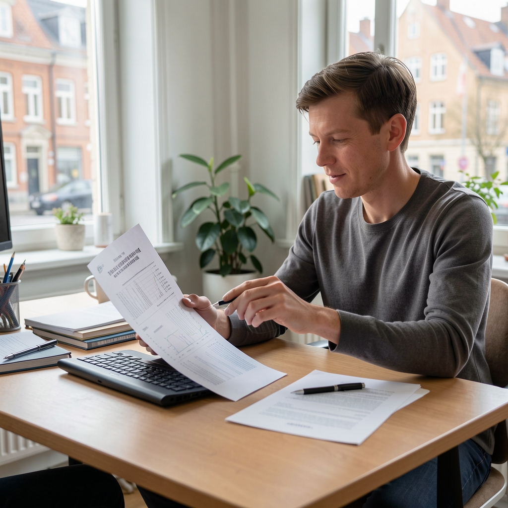 Redaktør sammenligner produktetiket med trykt research på lyst skrivebord i København