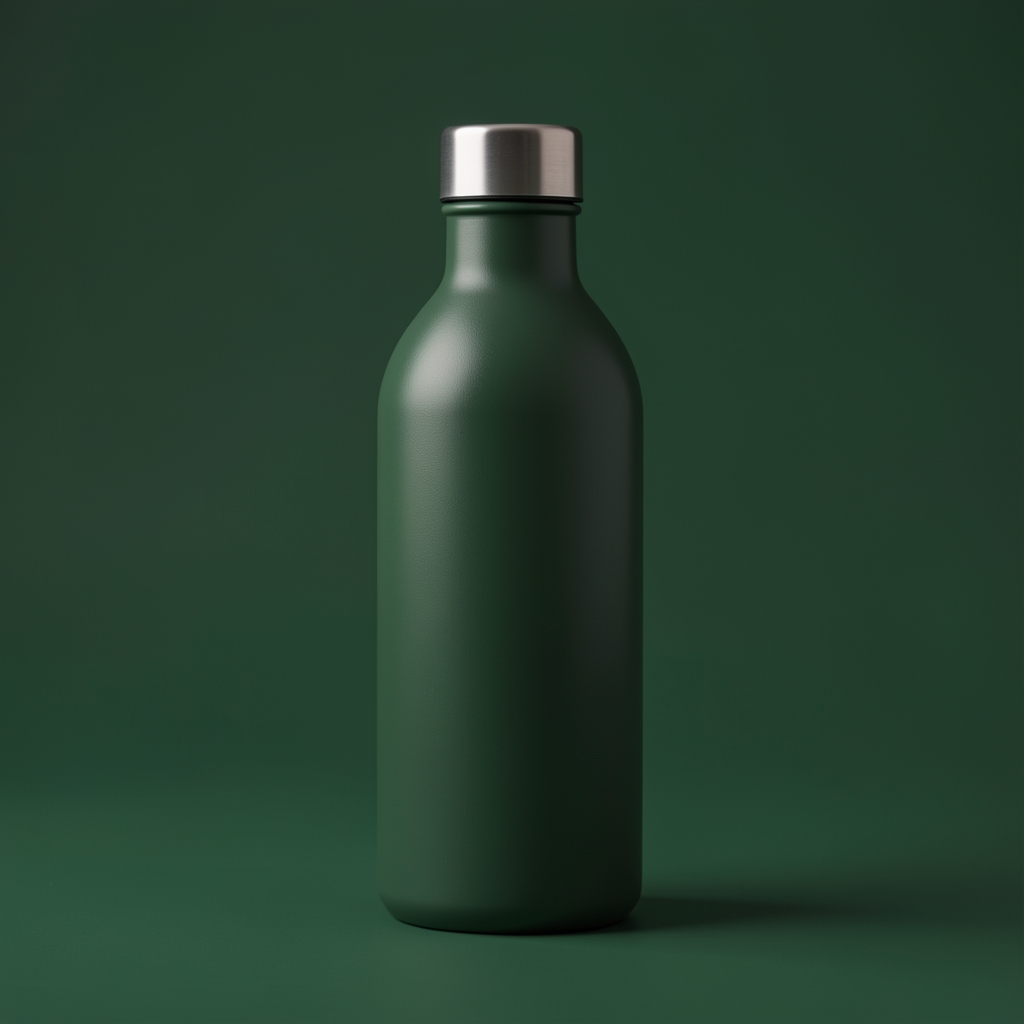 Minimalistisk flaske med Normal fit på mørk grøn redaktionel baggrund med blødt sidelys
